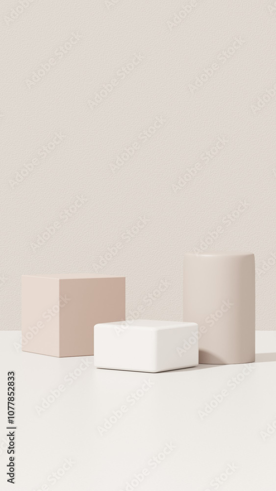 Background featuring an empty product display mockup with a beige backdrop and abstract geometric platforms designed for showcasing merchandise in portrait orientation. Background featuring an empty product display mockup with a beige backdrop and abstract geometric platforms designed for showcasing merchandise in portrait orientation.