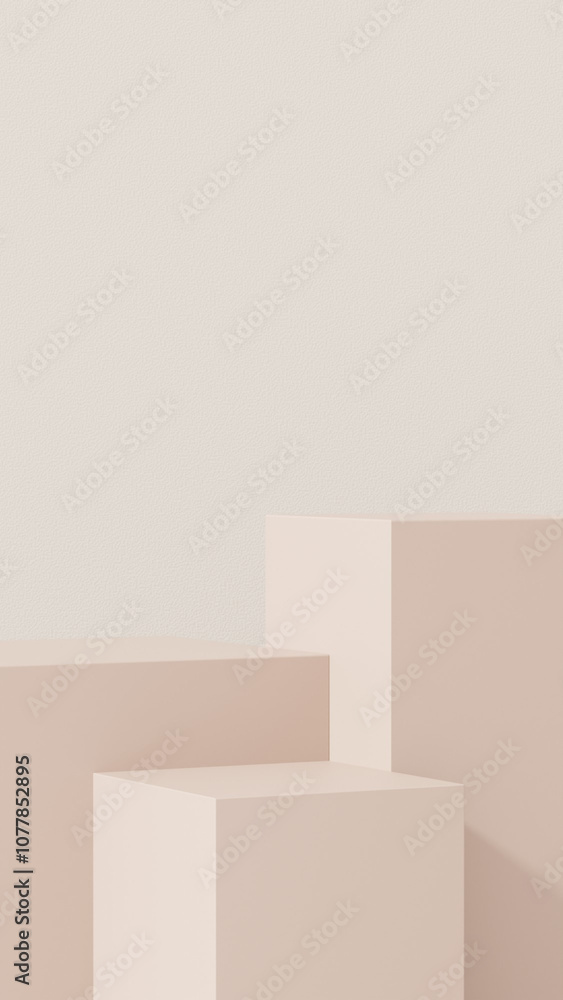 Background featuring an empty product display mockup with a beige backdrop and abstract geometric platforms designed for showcasing merchandise in portrait orientation. Background featuring an empty product display mockup with a beige backdrop and abstract geometric platforms designed for showcasing merchandise in portrait orientation.