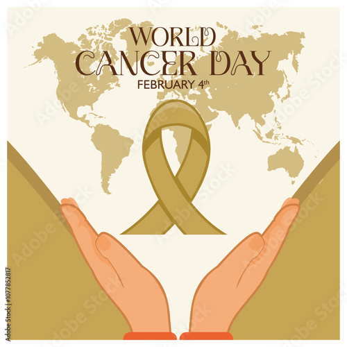 Hand-holding cancer awareness ribbon. World Cancer Day campaign. World Cancer Day concept. Flat vector illustration.