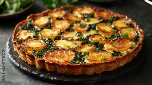 Spinach and potato quiche on a black slate plate.