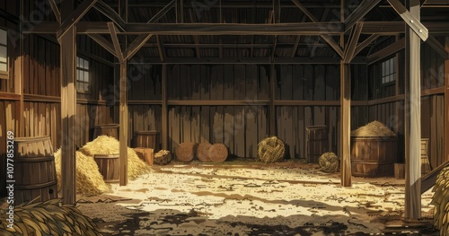 2D game image of wooden storage interior in Japan, keeping wood and hay, style of anime, wide view