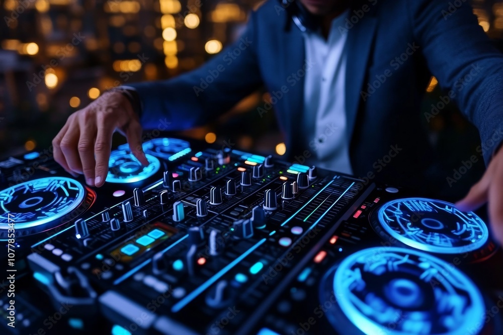 Obraz premium Cyberpunk-inspired DJ mixing music with neon-colored holographic displays in a futuristic cityscape