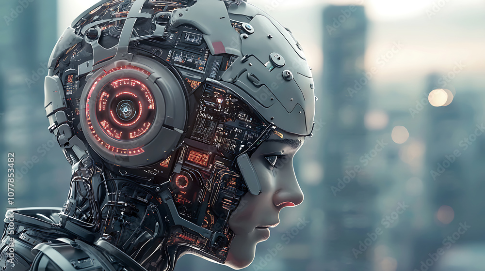 Fototapeta premium Futuristic robot head with intricate circuitry and glowing elements, showcasing advanced technology and design. cityscape in background enhances sci fi atmosphere