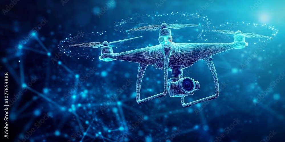 Abstract depiction of a drone with action video camera against a dark blue backdrop, characterized by lines and dots forming a polygonal low poly structure. Abstract depiction of a drone with action video camera against a dark blue backdrop, characterized by lines and dots forming a polygonal low poly structure.