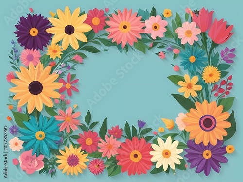 Colorful Floral Frame with Blue Background