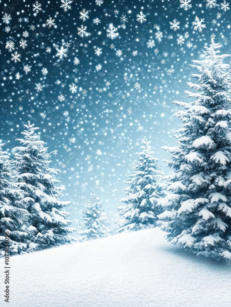 A serene winter landscape with snow-covered trees and falling snowflakes. A serene winter landscape with snow-covered trees and falling snowflakes.