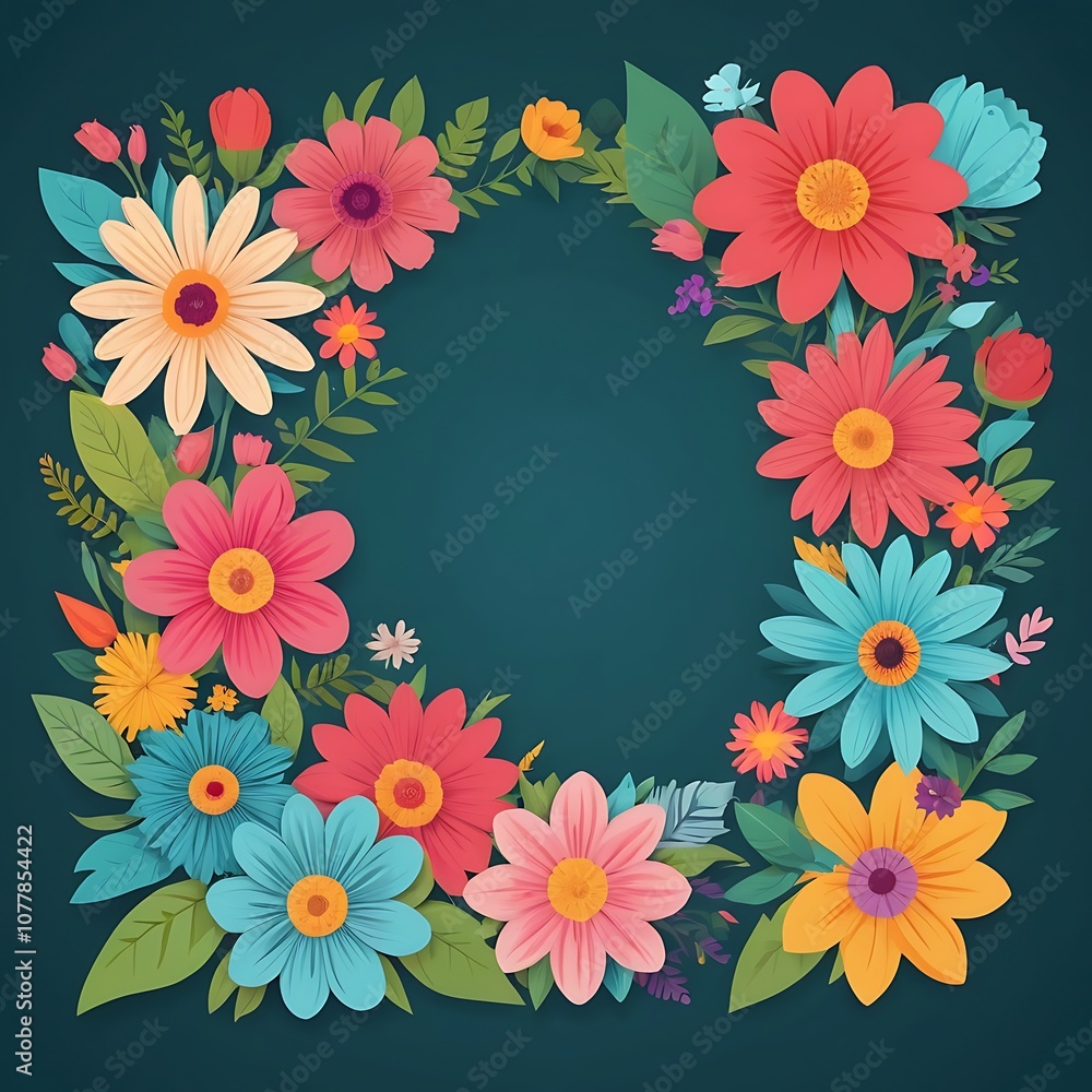Colorful Paper Flowers Arranged in a Circular Frame on a Teal Background Colorful Paper Flowers Arranged in a Circular Frame on a Teal Background