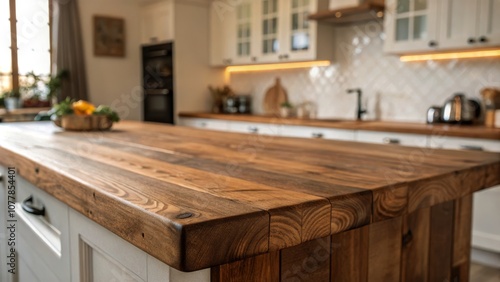 Stunning Wooden Kitchen Countertop with Bokeh Effect – Natural Beauty, Warmth, and Elegance for Modern Home Decor and Culinary Spaces