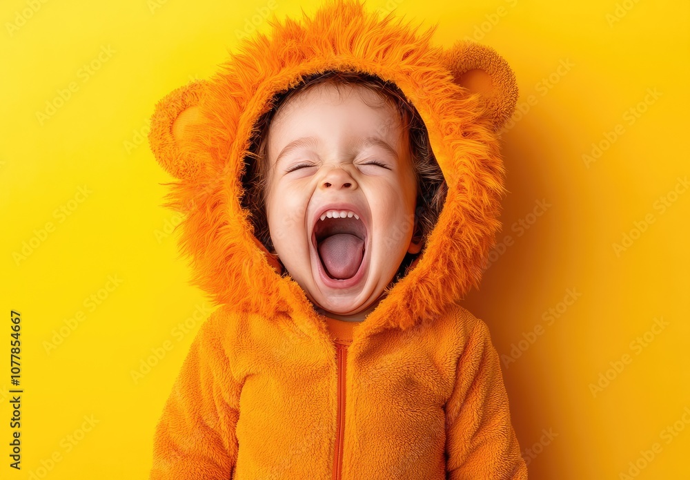 A toddler wearing an orange lion costume, laughing and posing on a yellow background A toddler wearing an orange lion costume, laughing and posing on a yellow background