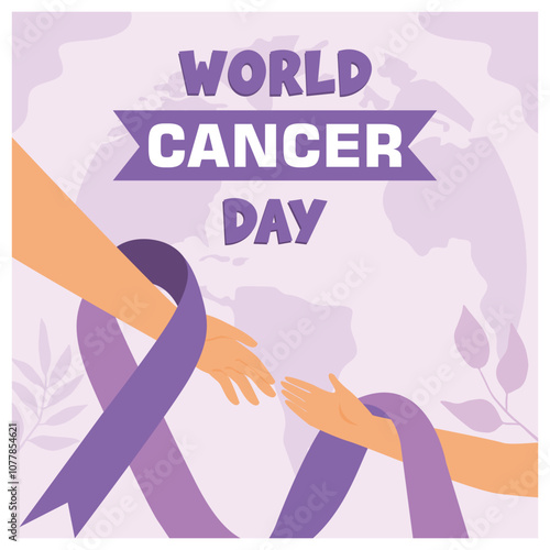 Hand with cancer awareness ribbon. World cancer awareness campaign. World Cancer Day concept. Flat vector illustration.