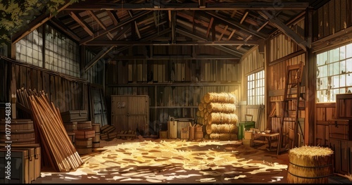 Wallpaper Mural 2D game image of wooden storage interior in Japan, keeping wood and hay, style of anime, wide view Torontodigital.ca