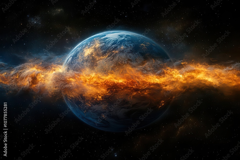 Obraz premium earth engulfed in flames from a dramatic perspective in space illustrating the catastrophic effects of global warming with vibrant colors contrasting against the deep black of the universe