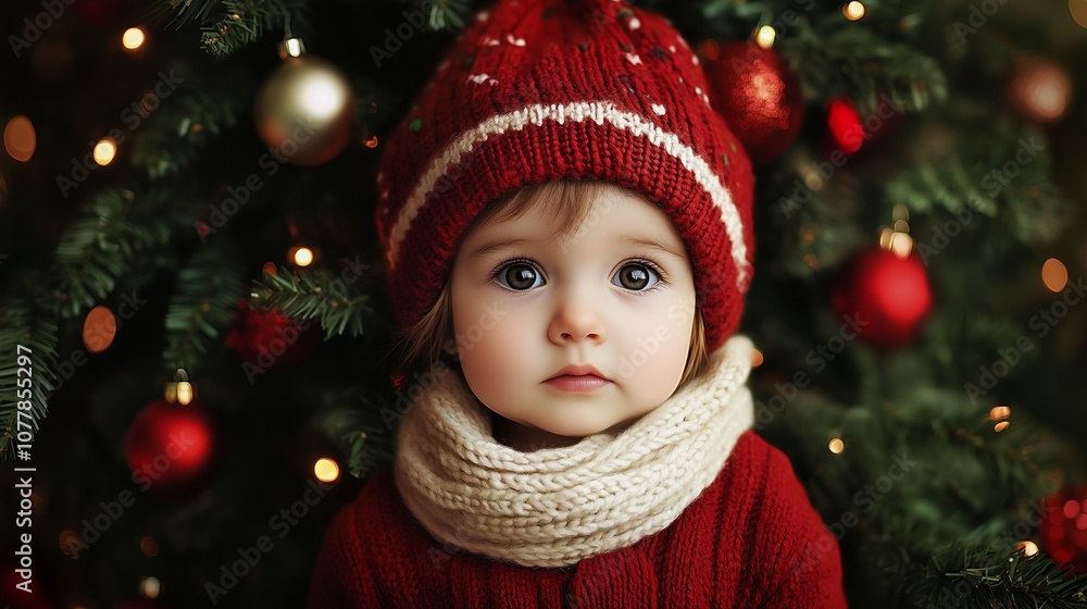A baby girl in a red knitted hat and scarf looks up at the Christmas tree. A baby girl in a red knitted hat and scarf looks up at the Christmas tree.