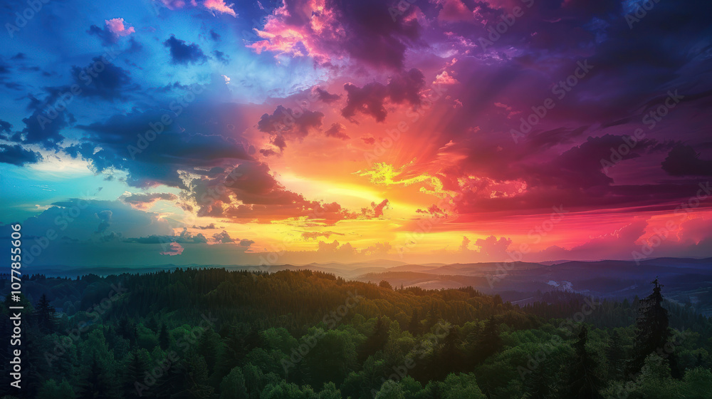 A breathtaking sky view with a sunset casting vibrant colors over a vast forest landscape, the trees stretching into the distance A breathtaking sky view with a sunset casting vibrant colors over a vast forest landscape, the trees stretching into the distance