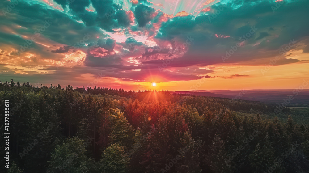 A breathtaking sky view with a sunset casting vibrant colors over a vast forest landscape, the trees stretching into the distance A breathtaking sky view with a sunset casting vibrant colors over a vast forest landscape, the trees stretching into the distance