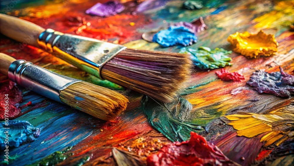 A close-up view of paintbrushes resting on a vibrant palette with bold strokes of color A close-up view of paintbrushes resting on a vibrant palette with bold strokes of color