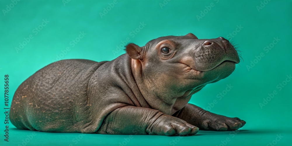 Fototapeta premium Adorable Baby Hippopotamus Silhouette Against Teal Background - Curiosity Captured in a Unique Perspective