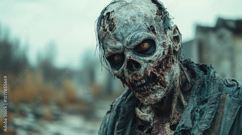 A decayed zombie figure in a desolate, post-apocalyptic setting. A decayed zombie figure in a desolate, post-apocalyptic setting.