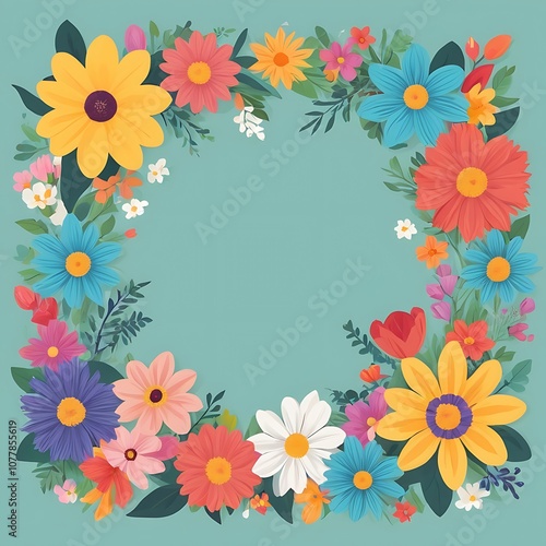 Colorful Floral Frame with a Turquoise Background