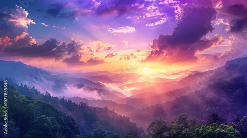 A breathtaking sky view with a sunset casting vibrant colors over a vast forest landscape, the trees stretching into the distance