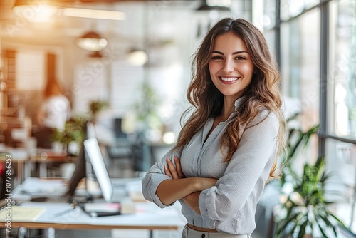 beautiful young business woman standing while smiling looking at camera in the office