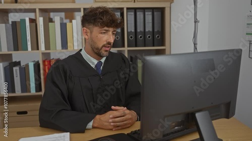 Young man in an office working as a judge during a video call, with bookshelves and documents in the background.