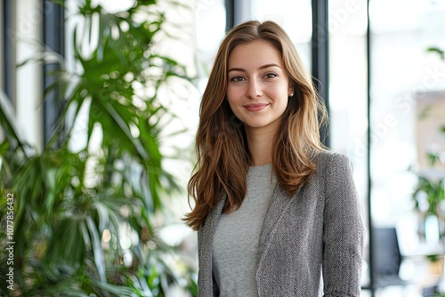beautiful young business woman standing while smiling looking at camera in the office