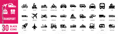 Transport solid icons set. Transport, motorcycle, ship, cycle, van, bus, train, truck, aeroplane, helicopter and car. Vector illustration
