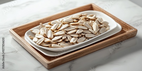 Creative abstract advertising background featuring a close-up of a wooden tray on a light-colored marble tabletop, filled with a white plate of corn, reflecting themes of healthful living, food safety photo