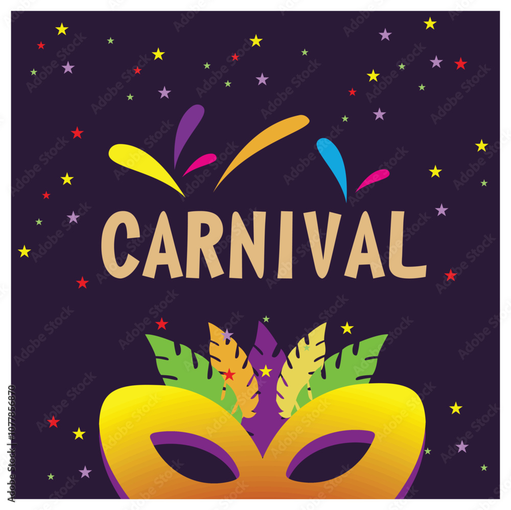 Fototapeta premium Carnival party with feather masks and confetti. Festive colorful background. Carnival party concept. Flat vector illustration.