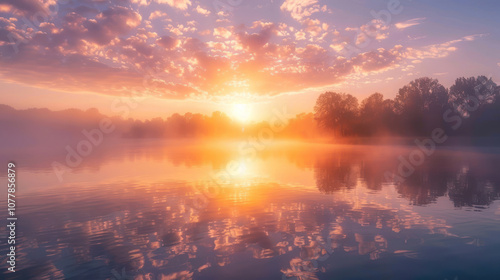 A breathtaking sunrise over still water, with the light and colors of dawn reflecting perfectly on the surface.