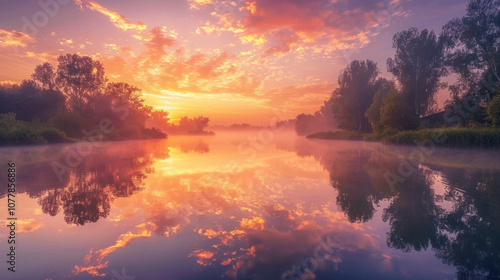 Wallpaper Mural A breathtaking sunrise over still water, with the light and colors of dawn reflecting perfectly on the surface. Torontodigital.ca