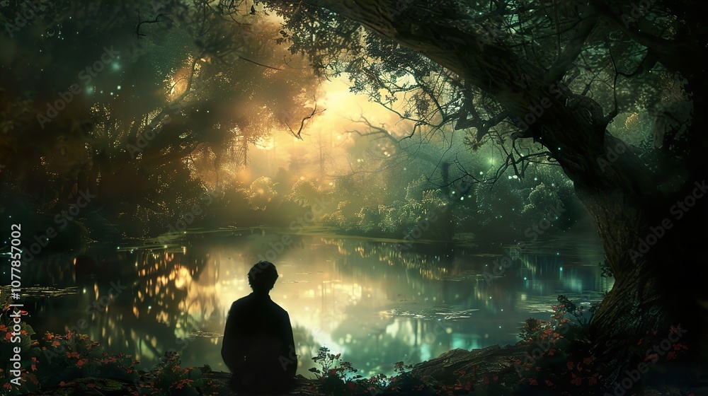 Obraz premium Enchanted Forest Lake: A Mystical Landscape with Glowing Water and a Silhouetted Figure