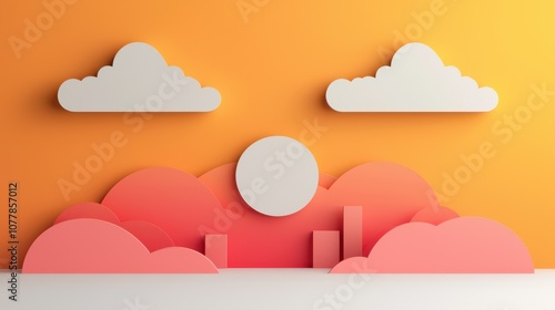 A vibrant, minimalist design featuring a sun, clouds, and layered pink shapes against a bright orange background.