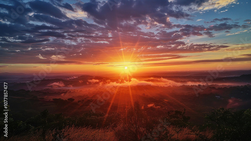 A breathtaking sunrise witnessed from a traveler's perspective, with a stunning landscape unfolding in front of them.