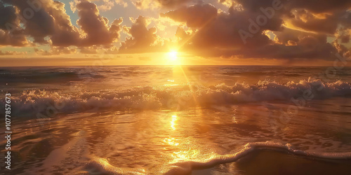 Fototapeta Naklejka Na Ścianę i Meble -  A breathtaking sunset on a serene beach, with golden rays of light reflecting off the water's surface.