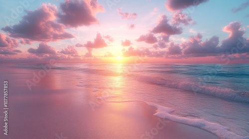 Serene sunset over a tranquil beach with gentle waves.