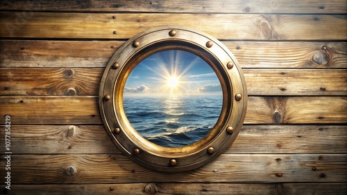 A weathered wooden surface with a circular brass porthole revealing an expansive ocean horizon with a radiant sun rising over the distant waves.