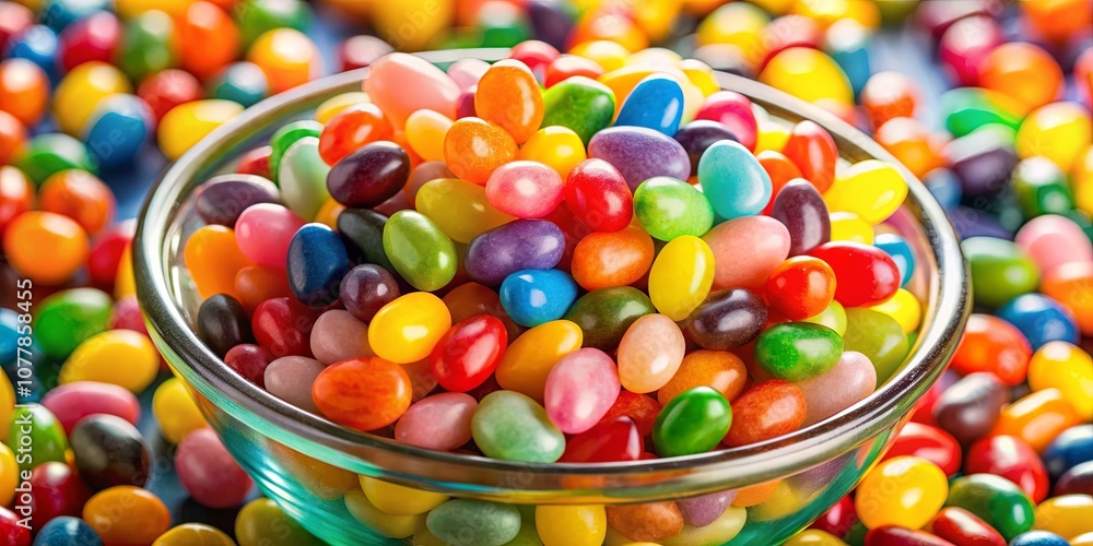 A Colorful Array of Jelly Beans Overflowing from a Glass Bowl, a Sweet and Delightful Treat for Any Occasion A Colorful Array of Jelly Beans Overflowing from a Glass Bowl, a Sweet and Delightful Treat for Any Occasion
