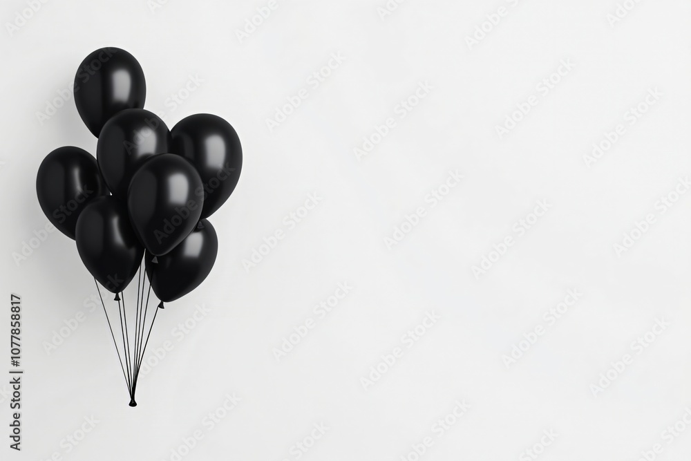 Flying black glossy balloons on white background. Black Friday sale. Happy Birthday, Father’s Day, Men’s Day, Halloween. Celebrating event, party. Banner with copy space Flying black glossy balloons on white background. Black Friday sale. Happy Birthday, Father’s Day, Men’s Day, Halloween. Celebrating event, party. Banner with copy space