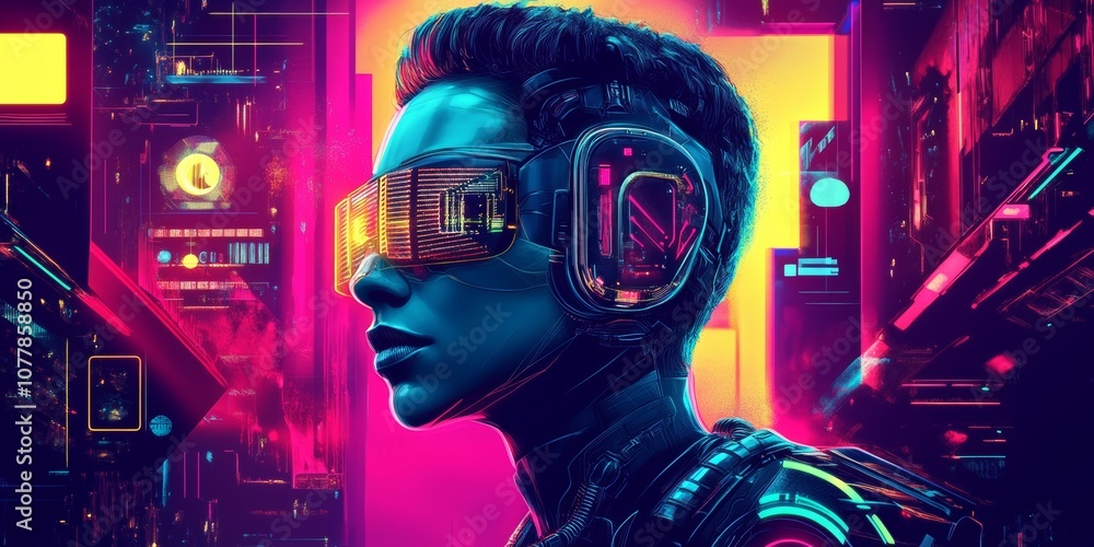 Cyber illustration with neon colors and futuristic technology Cyber illustration with neon colors and futuristic technology