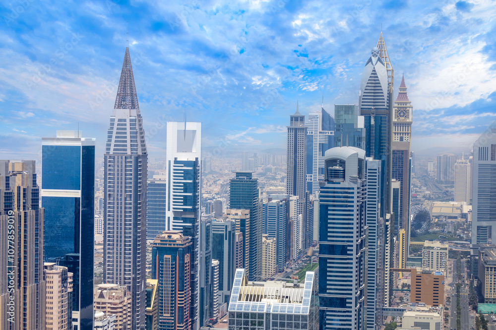 UAE, Dubai panoramic skyline view of city downtown and business district.