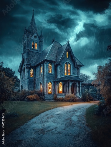 A spooky, gothic-style house with illuminated windows under a stormy sky.