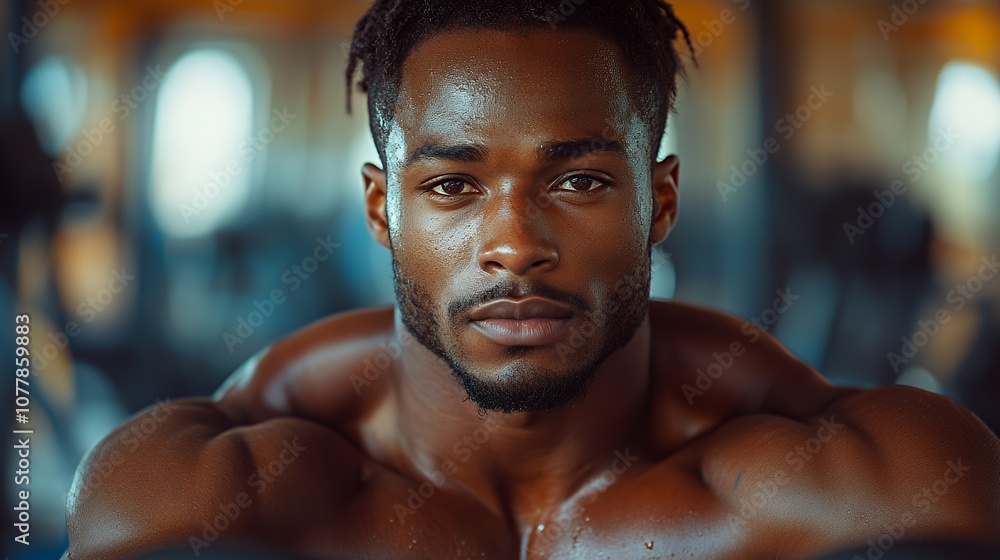 Close-up portrait of a muscular man looking intently at the camera, sweat glistening on his skin in a gym. Close-up portrait of a muscular man looking intently at the camera, sweat glistening on his skin in a gym.