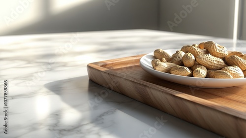 a close-up of a wooden tray filled with pumpkin seeds, nuts, walnuts, corn kernels, sunflower seeds, and cashews on a light-colored marble tabletop. This composition reflects themes of healthful livin photo