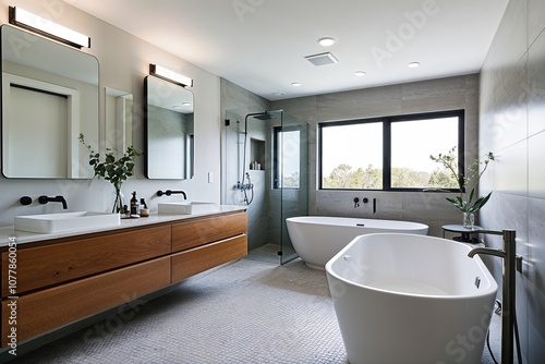 Bright Scandinavian Bathroom Space with Trendy Vanity, Double Basin, Spacious Tub, and Minimalist Shower Design