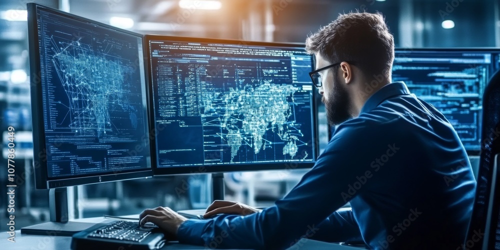 Professional analysing network security data on multiple monitors in a high-tech environment. Professional analysing network security data on multiple monitors in a high-tech environment.