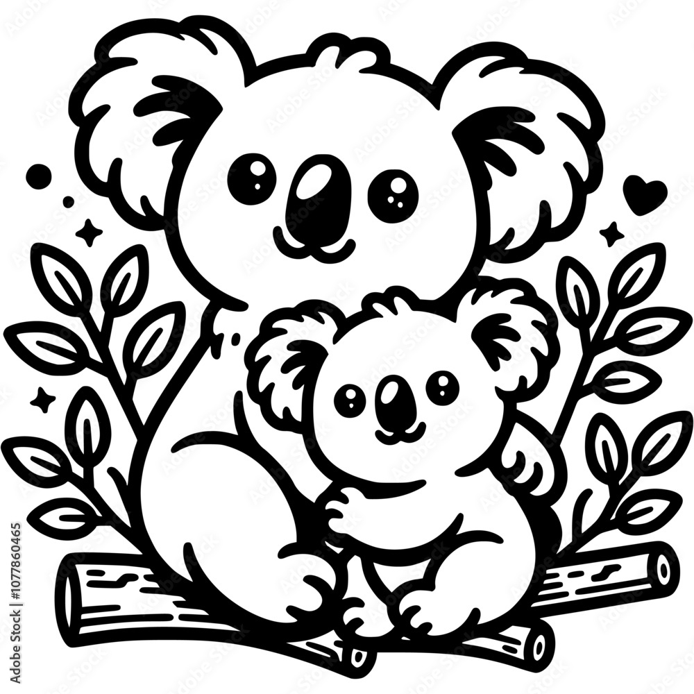 Fototapeta premium Family of mother and baby koalas sitting on eucalyptus branch for photo at zoo in monochrome. Simple minimalistic vector in black ink drawing on transparent background