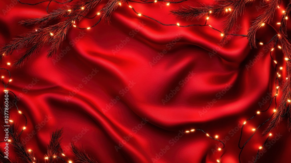 Red silk background with Christmas branches and wreath lighting Red silk background with Christmas branches and wreath lighting