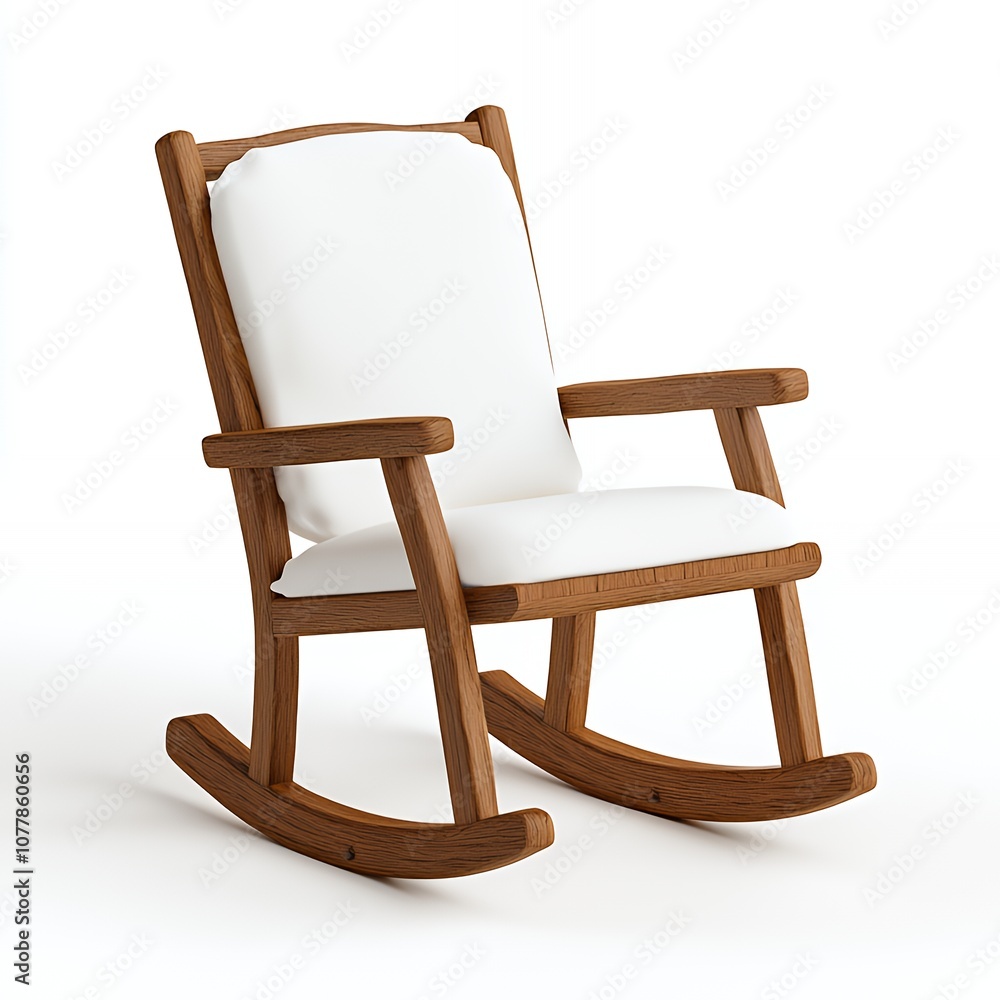 Wooden rocking chair with white cushion isolated on white background. Wooden rocking chair with white cushion isolated on white background.